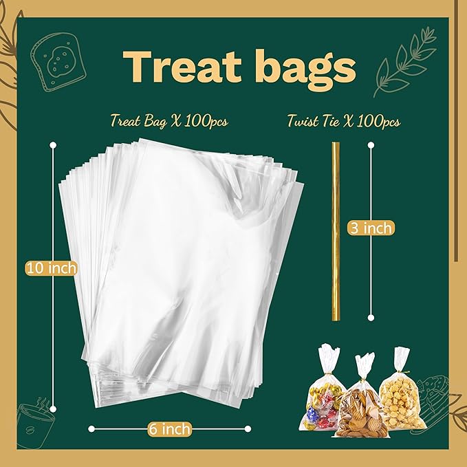 LOKIQNG Cellophane Bags Plastic Gift Bag Clear Cookie Treat Bags with Twist Ties for Party Favor Bag(100PACK,6x10inch)
