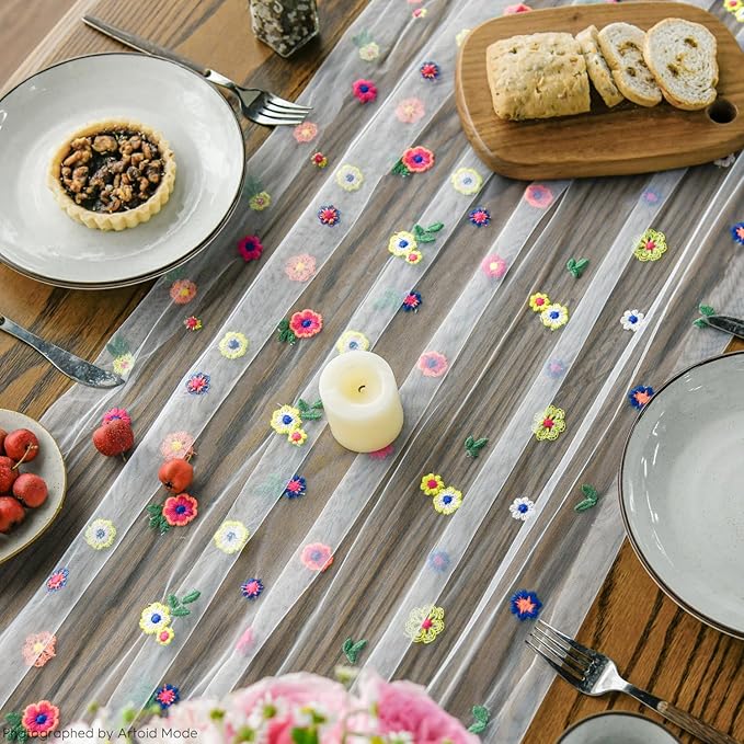 Artoid Mode Embroidery Daisy Gauze Table Runner 120 Inch 10FT, Seasonal Sheer Kitchen Dining Holiday Wedding Birthday Table Decor for Home Party