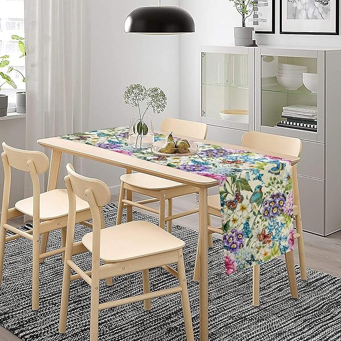 Brown Bird Floral Table Runner Spring Flower Kitchen Table Decoration Suitable for Family Dinner Decoration 13x60 Inch