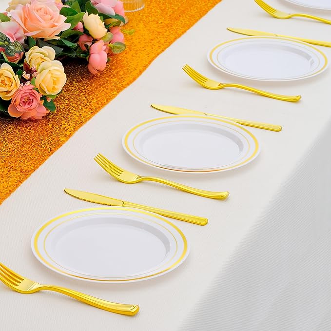 120pcs Gold Dessert Plates with Forks for 60 Guests-60pcs 7.5" Small Plastic Dessert Plates and 60pcs 7.4" Forks-Disposable Cake/Appetizer/Salad Plate for Wedding,Birthday and Party