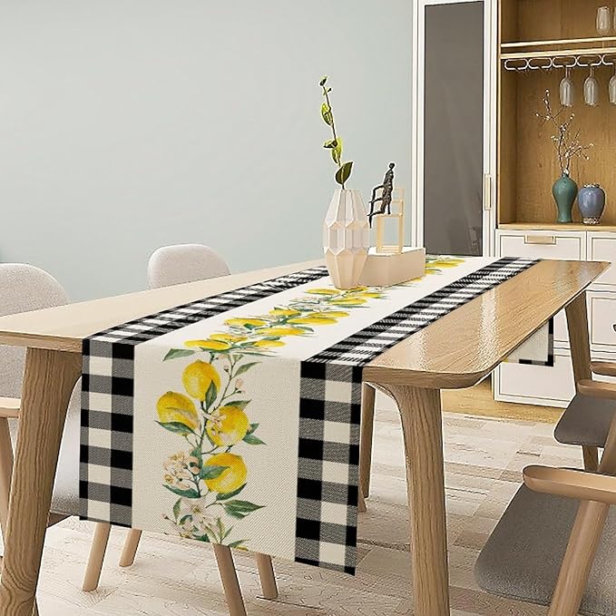 Lemon Table Runner,Black Buffalo Plaid Lemon Table Runner Farmhouse Style Spring Summer Home Kitchen Dinding Room Table Decoration 13x90 Inch