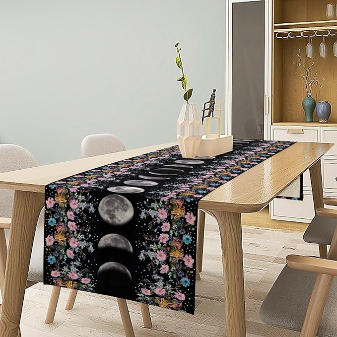 Boho Floral Moon Table Runner, Spring Flower Leaves Mystical Gothic Sun Moon Table Runner for Kitchen Dining Table Home Party,13x108 Inch Purple