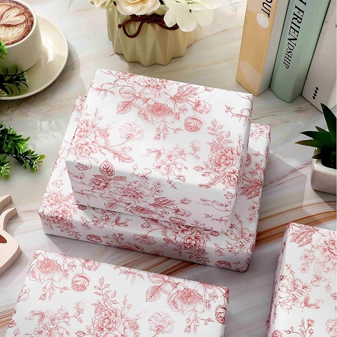 JarThenaAMCS 100 Sheets Floral Tissue Paper Rose Gold Flower Gift Wrapping Paper Vintage Decorative Art Paper for Home Party DIY Crafts Supplies, 14 x 20 Inch