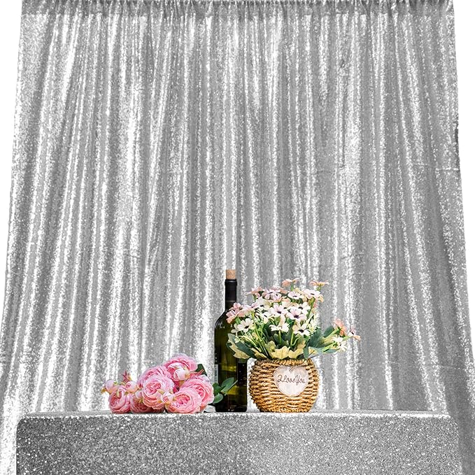 JYFLZQ Silver Sequin Backdrop Curtains 6ft x 8ft 1 Panel Glitter Photo Booth Backdrops Sparkly Photography Background Drapes for Parties Wedding Bridal Showers