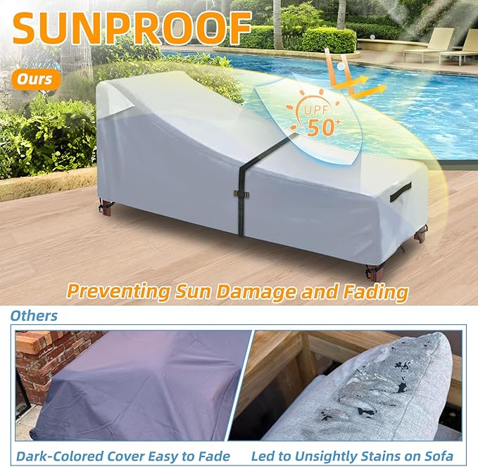 Patio Chaise Lounge Cover with Handles, Outdoor Lounge Chair Cover Waterproof UV Resistant, Patio Furniture Covers with Air Vent (84L x 32W x 32H) inch