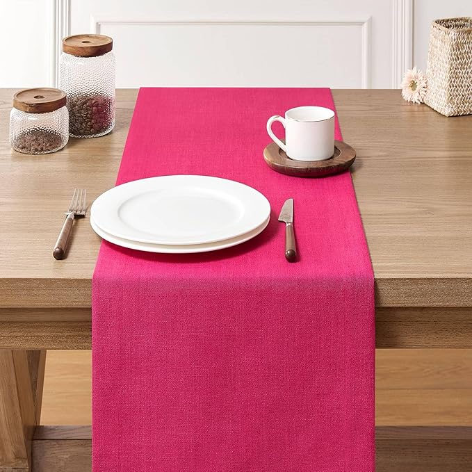 ZeeMart Linen Textured Border Table Runner, 14 x 36 Inch Hot Pink, Farmhouse Style Pink Table Runners 36 Inches Long, Easy Care Everyday Polyester Table Runner