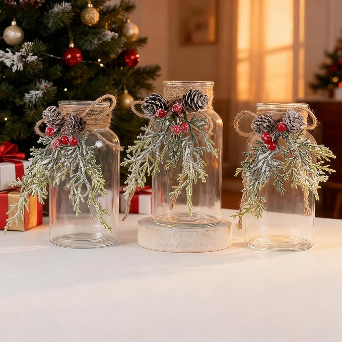 Set of 3 Xmas Decor Vases Christmas Centerpieces for Tables Farmhouse Holiday Table Decor Clear Glass Vases with Twine Ties for Christmas Decorations
