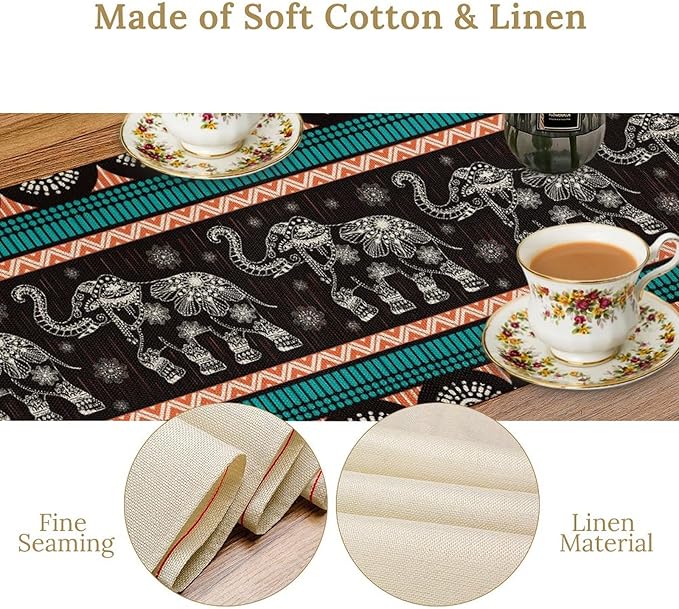 Boho Elephant Table Runner, Vintage Tribal Traditional Bohemian African Animals Ethnic Folk Table Center Decor for Home Kitchen Dining Patio Holiday Party Indoor Table Decorations, 13"x36" Inch