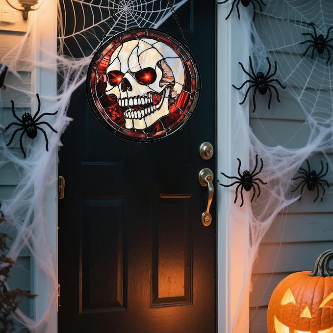 Stained Glass Window Hanging - Halloween Decorations White Skeleton Suncatcher for Doors Garden Indoor Spooky Funny Red Sun Catchers Gothic Decor Horror Gifts for Women Men Friend 15 in