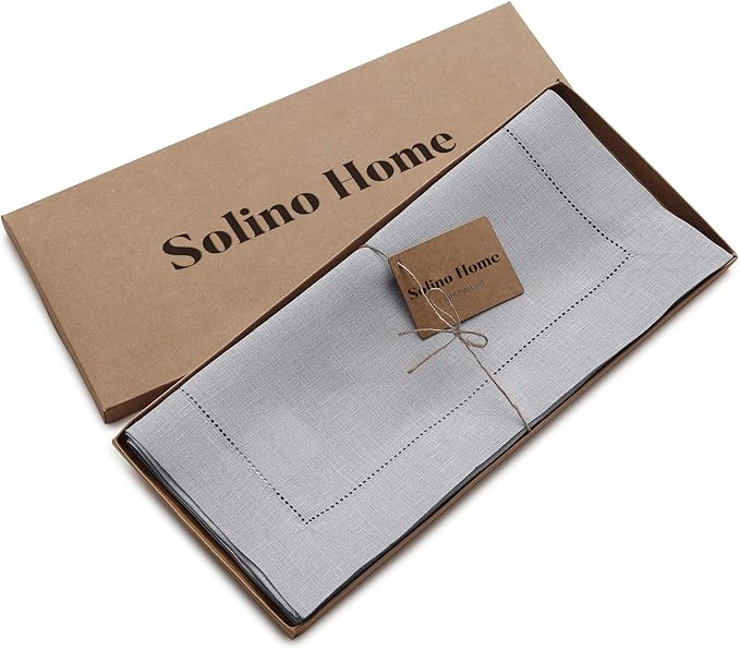 Solino Home Linen Soft Grey Table Runner 72 Inches Long - 100% Pure Linen Hemstitch Table Runner 14 x 72 Inch for Dresser, Dining, Fall, Autumn, Halloween, Thanksgiving, Christmas - Classic Hemstitch