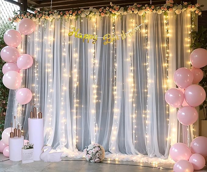 White Tulle Backdrop Curtain with Lights String for Parites 10×8ft Sheer Backdrop Curtains White Curtain Backdrop for Wedding Baby Shower Birthday Party Photo Shoot Decorations(2 Panels 10ft×8ft)
