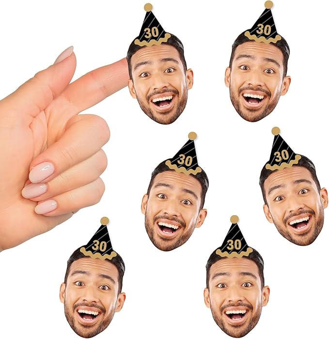 Big Dot of Happiness Custom Photo Adult Happy Birthday - Black & Gold Personalized Birthday Party Favors - Fun Face Cut-Out Stickers - Set of 24