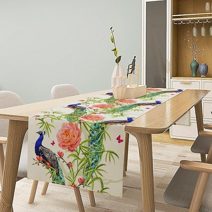 Peacock Table Runner,Seasonal Flower Plants Peacock Birds Table Runner for Home Kitchen Dining Party Indoor Outdoor Decoration 13x36 Inch