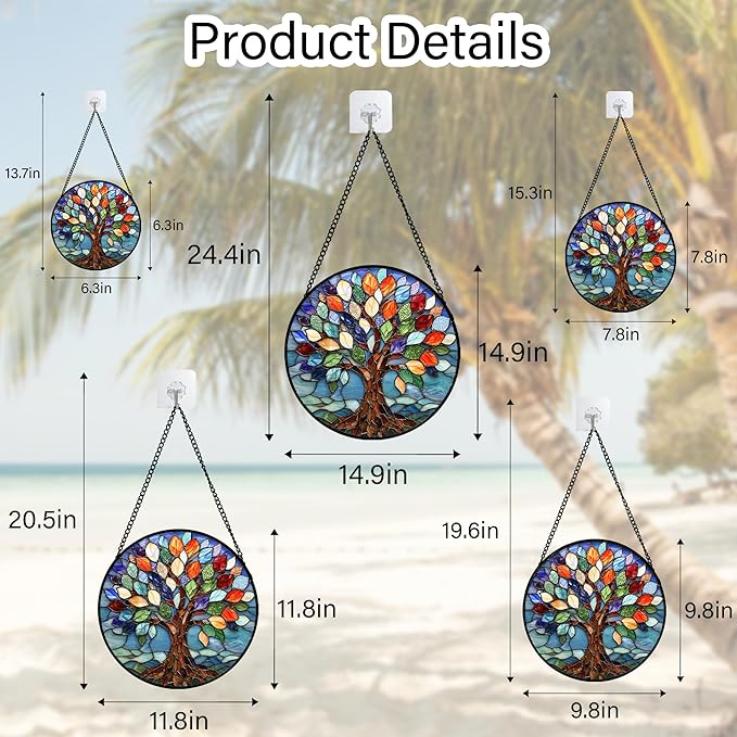 Stained Glass Window Hanging, Colorful Tree of Life Sun Catchers Glass Panel Blue Suncatcher Decor for Birthday for Women, Men, Wife, Aunt, and Mom 14.9x14.9 in