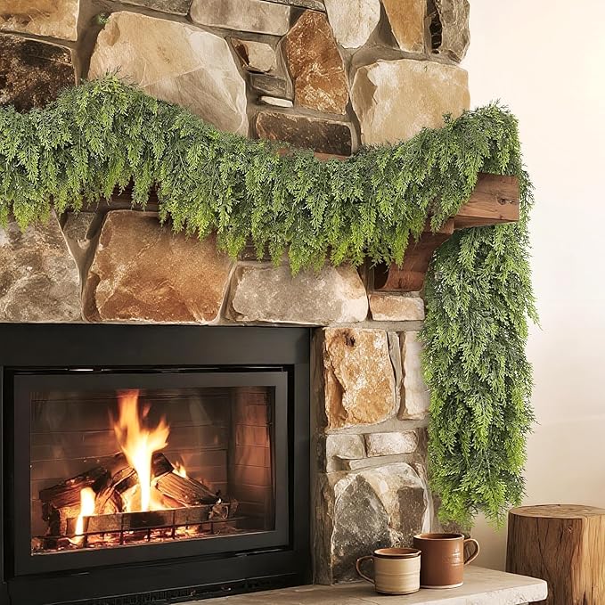 Real Touch Cedar Garland - Artificial Christmas Garlands Faux Green Cedar Fake Pine Needles Garland for Fireplace,Table, Stairs, Mantle, Window,Indoor Outdoor,Home,Holiday Decor(1 PCS,6 FT)