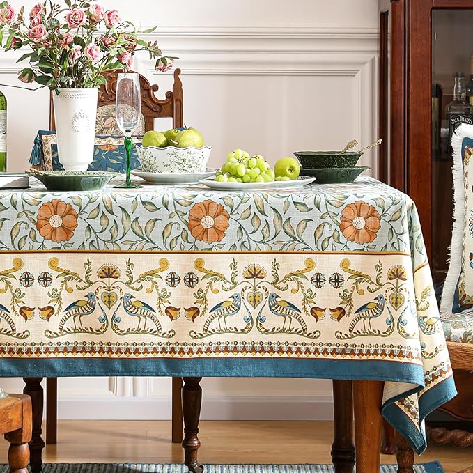 patdrea Designer French Linen Blue Tablecloth for Sqaure Table,Vintage Floral Table Cloth,Colorful Decoration Small Cover Kitchen Dining for Tea Party,Thanksgiving,Christmas,55"x55"-Wensel