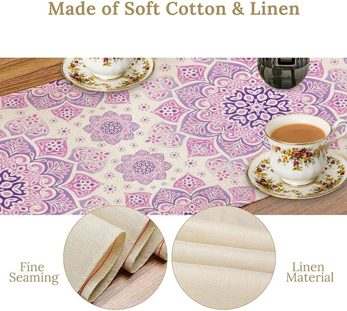 Purple Pink Mandala Table Runner, Traditional Indian Boho Mandala Flowers Print Table Runne for Kitchen Dining Table Office Wedding Party Holiday Home Decor, 13x90inch