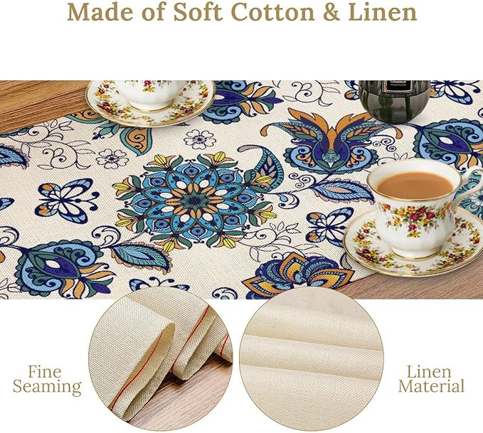 Oriental Paisley Table Runner, Luxury Vintage Blue Teal Floral Butterflies Print Table Runner for Home Dining Kitchen Coffee Table Party Decor, 13x120inch