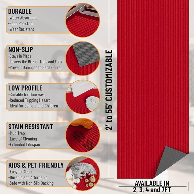 Ottomanson 3'11" x 8' Hallway Runner with Scraper Pile Extra Durable Non-Slip Rug Mat for Indoor & Outdoor Use - Ideal for Kitchen, Entryway, Patio & Garage - High-Traffic Carpet, Red