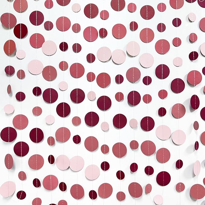 Burgundy Dusty Pink Decorations Circle Dot Garland Maroon Pink Hanging Polka Dot Streamer Banner for Wedding Birthday Bridal Shower Engagement Baby Shower Graduation Anniversary Garnet Party Supplies