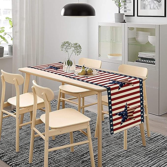 4th of July Table Runner, Patriotic Independence Day American Stars Stripes Flag Print Table Runner for Farmhouse Kitchen Dining Holiday Birthday Party, 13x60inch