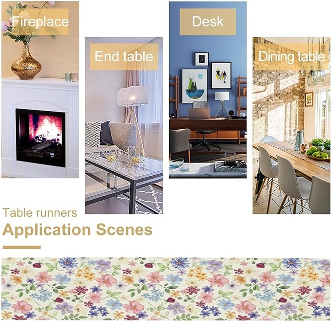 Floral Decorative Table Runner, Watercolor Floral Botanical Rustic Modern Style Pattern Printed Long Table Runner for Restaurant Kitchen Party,13in（33cm） W * 120in（305cm） L