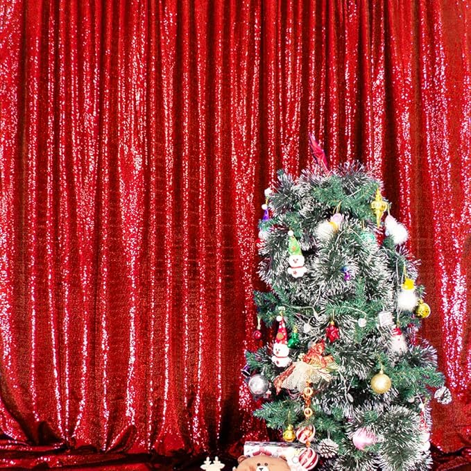 SquarePie Sequin Backdrop Curtain Less See Through Background for Wedding Christmas Party(10FT x 10FT, Red)