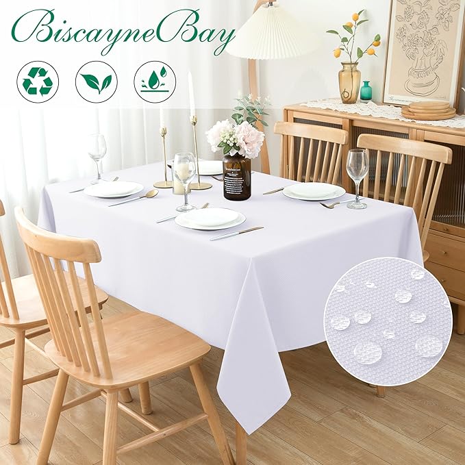 Biscaynebay Textured Fabric Tablecloths 90x132 Inches Rectangular, White Water Resistant Tablecloths for Dining, Kitchen, Wedding and Parties etc. Machine Washable