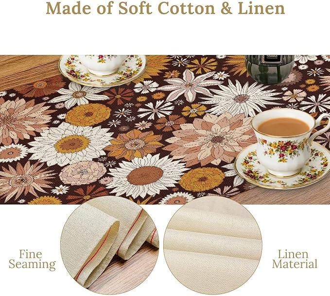 Boho Floral Table Runner, Vintage Country Farmhouse Daisy Flowers Modern Kitchen Dining Room Decoration for Indoor and Outdoor Wedding Party Banquet Table Runner 13x120 Inch
