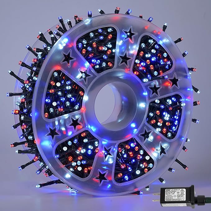 YEGUO 500LED 165ft 4th of July led Lights Outdoor Waterproof, Patriotic String Lights Plug in, Red White Blue led String Lights Indoor for 4th of July Memorial Day Independence Day Decor