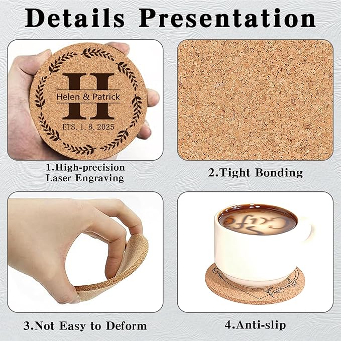 Custom Coasters Personalized Cork Coasters Bulk with Logo Wedding Personalized Cork Natural Wood Engraved Drink for Wedding Favors (Cork Coasters - Heart)