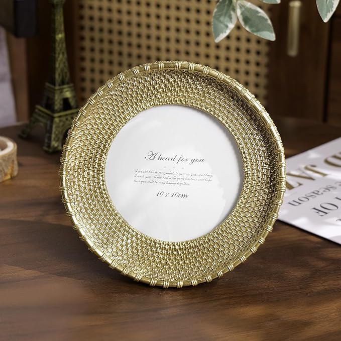 Cuspin Round Picture Frame 4x4 Vintage Gold Frames, Rattan Textured Hand-Crafted Photo Frame with Glass Front, Antique Picture Frame for Tabletop Display & Wall Display, Retro Design Home Decor