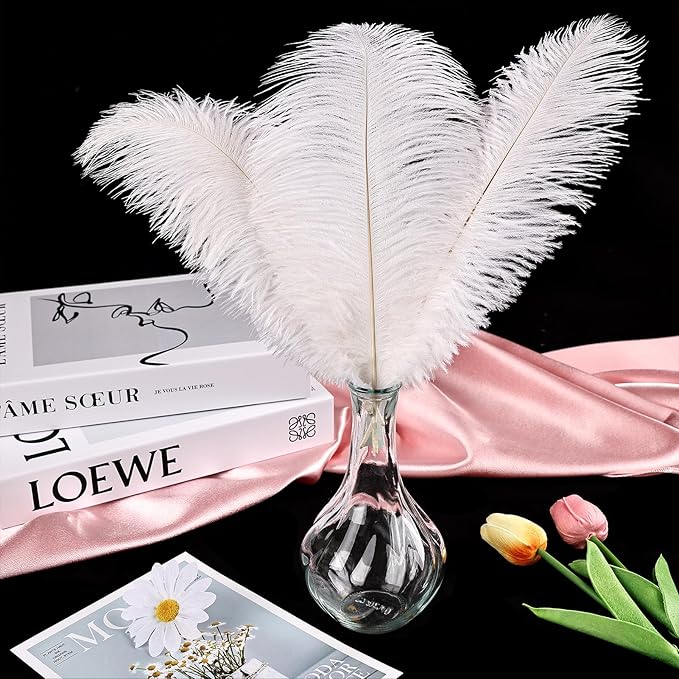 THARAHT White Ostrich Feathers 12pcs Natural Bulk 8-10Inch 20cm-25cm for Crafts Wedding Party Centerpieces Christmas Tree Decoration Feathers