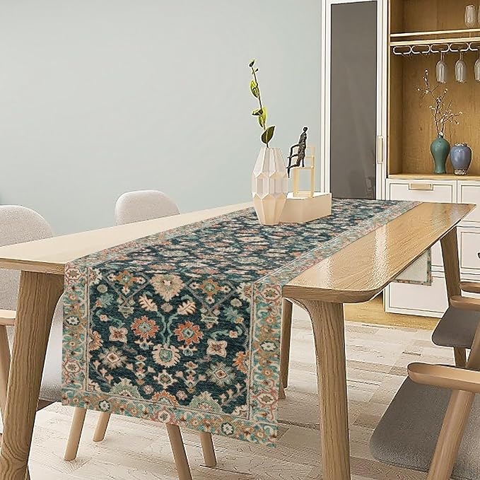 Vintage Boho Floral Table Runner, Rustic Country Farmhouse Blue Teal Red Bohemia Flower Pattern for Home Kitchen Table Decor Dining Coffee Room Party Decor 13x36in