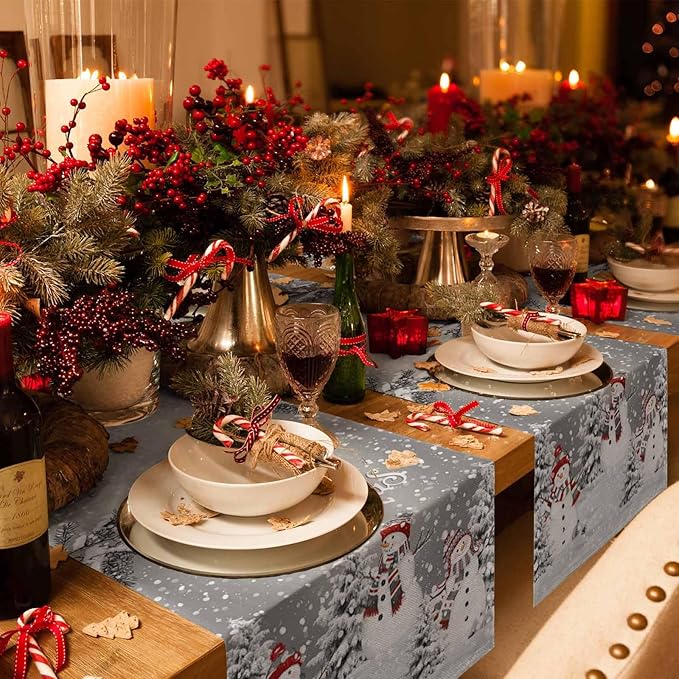 Christmas Snowman Cotton Linen Table Runner for Dining Kitchen, Snowflakes Xmas Pine Tree Wedding Outdoor Party Tablerunner Decoration Winter Bird Dresser Scarf Coffee Tablecloth Runners 13x90 Inches