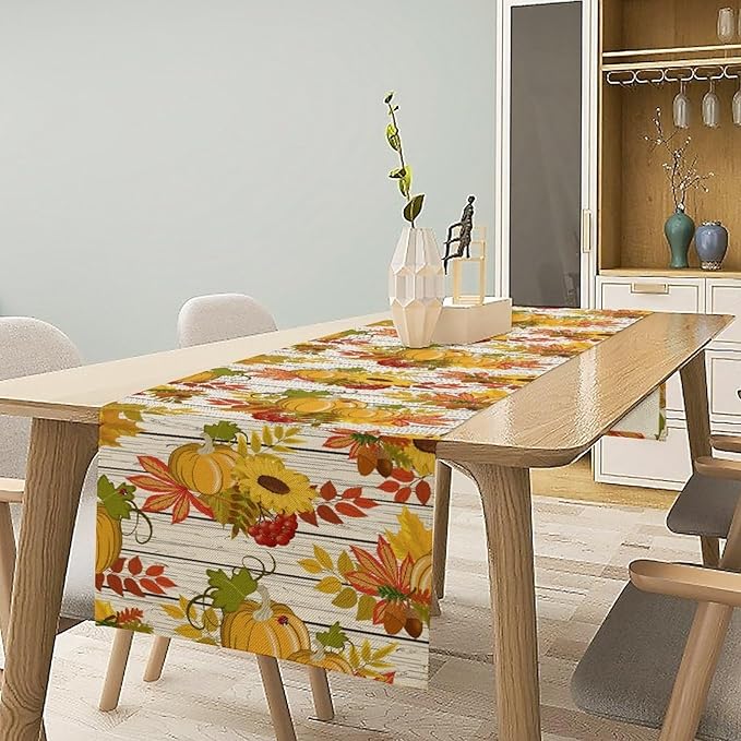 Autumn Table Runner,Seasonal Pumpkins Thanksgiving Kitchen Dining Table Decoration for Home Party Decor 13x90 Inch