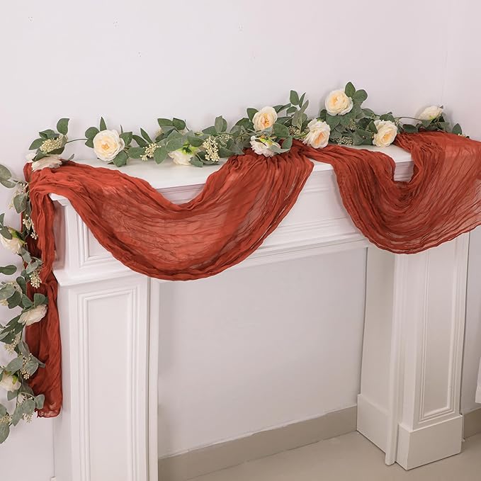 Snowkingdom 6PCS 13Ft Terracotta Cheesecloth Table Runner Bulk, 160inch Long Rust Cheese Cloth Boho Gauze Runner for Wedding Bridal Shower Rustic Sheer Fall Thanksgiving Table Decorations