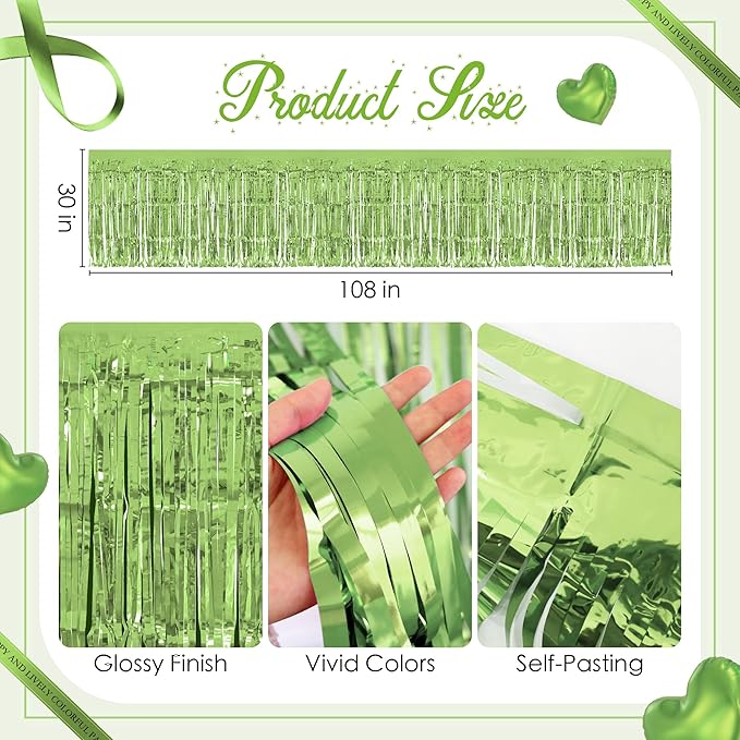 4 Pack Light Green Table Skirts, 29x108" Metallic Foil Tinsel Fringe Table Skirts for Rectangle Tables Streamer Curtains Backdrop, Party Decorations for Birthdays Weddings Holidays