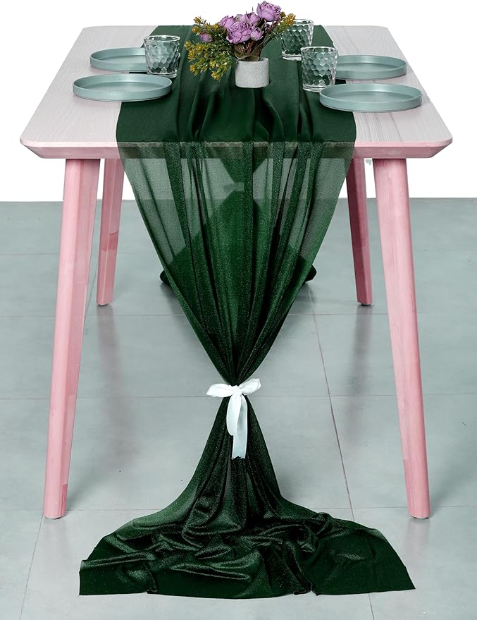 MDS 15 Pack 10ft Chiffon Table Runner 29 x 120 Inches Sheer Wedding Runner Romantic Rustic Table Runner for Wedding Decorations, Birthday Parties, Bridal Shower Party Arch Decor - Hunter Green