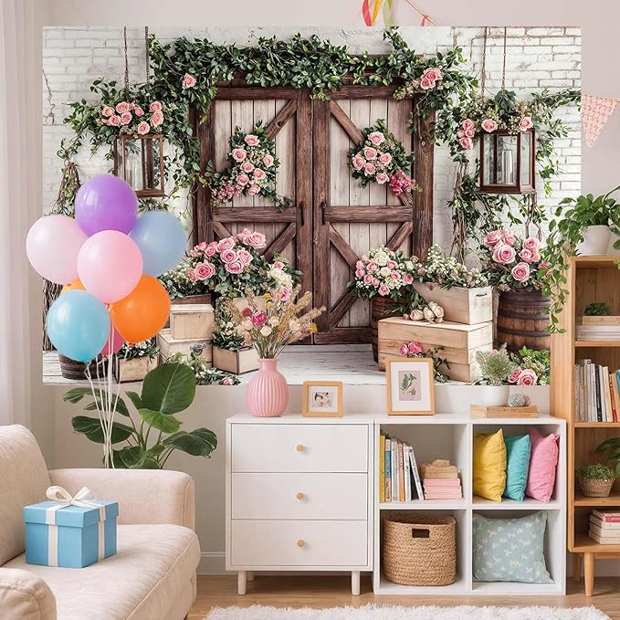 6x4ft Country Wedding Photography Backdrop Floral Rustic Roses Farmhouse Wooden Door Backdrop Pink Flower Birthday Baby Shower Wedding Bridal Party Banner Photo Booth Props Anniversary Background