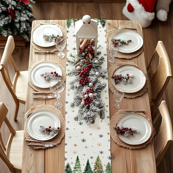 GEEORY Christmas Table Runner 13x120 Inch, Xmas Tees Snowflakes Holiday Decorative Farmhouse Table Decoration for Kitchen Dinning, Indoor Outdoor Dinner Party Decor (Light Green) GT166-120
