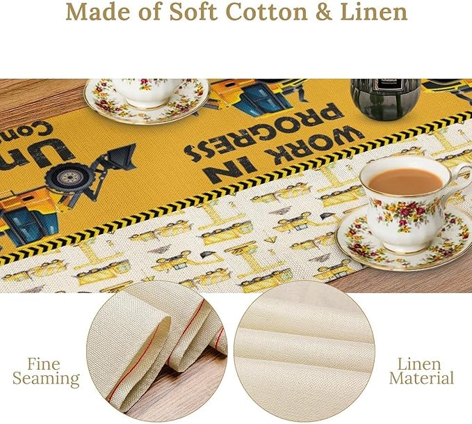 Cartoon Car Table Runner,Boys Kids Construction Vehicles Truck Yellow Print Tablecloth Burlap for Hotel Indoors Outdoor Dining Room Kitchen Home Decor,W13X L36 in