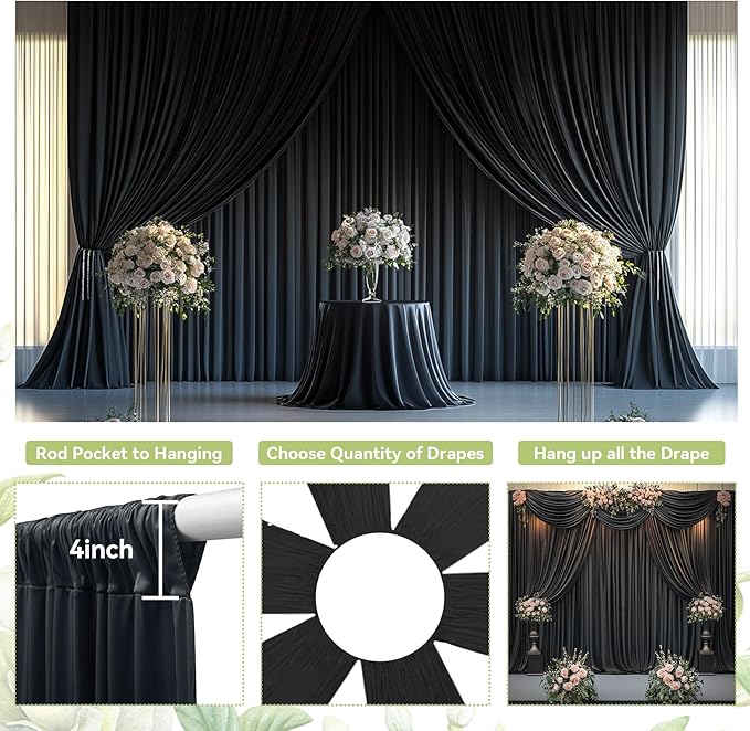 PartyVillage 30ft×15ft Black Backdrop Curtain for Halloween Parties, 6 Panels Wrinkle Free 15 FT Long Polyester Photo Backdrop Drapes Back Drop Cloth for Birthday Photography Background