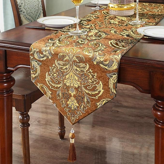 Vintage Table Runner 13x98 Premium Chenille for Thanksgiving Party Fireplace Decorations - Caramel