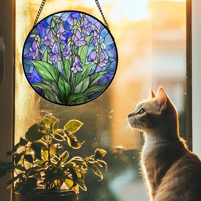 Stained Glass Suncatcher, Blue Purple Flowers Green Leaves Sun Catcher Plants Stain Glass Window Hanging Decoration Mother's Day Birthday Gifts for Women Men Mom and Nana 11.8 in