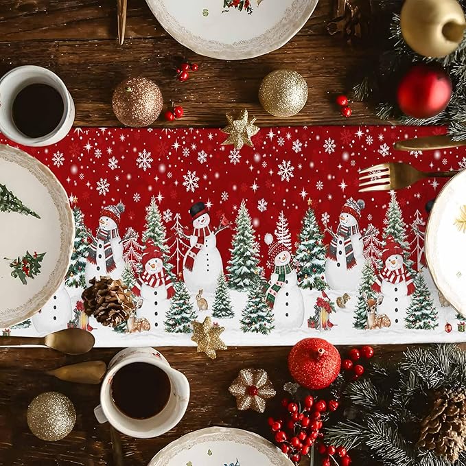 Christmas Snowman Cotton Linen Table Runner for Dining Kitchen, Xmas Tree White Snowflakes Winter Wedding Outdoor Party Tablerunners Decoration, Dresser Scarf Coffee Tablecloth Runners 13x90 Inches