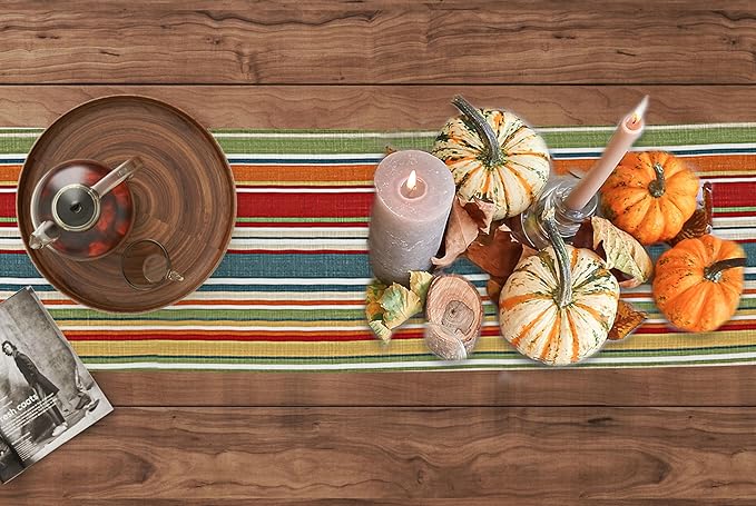 Ruvanti 100% Cotton Table Runner 120 Inches Long, Non-Slip, Stain Resistant, Washable & Reusable Table Runners Perfect for Wedding, Parties, Christmas, Holiday, in-Door use - Multi Stripe