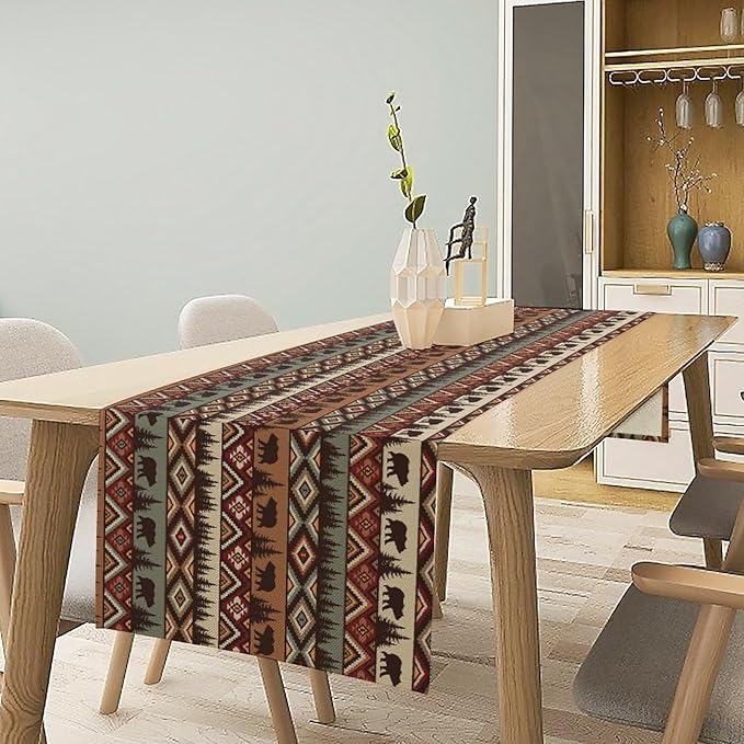 Retro Cabin Table Runner Rustic Bear Forest Farmhouse Lodge Jungle Table Runner for Dinner Party Living Room Kitchen Aztec Vintage 13x90 Inch