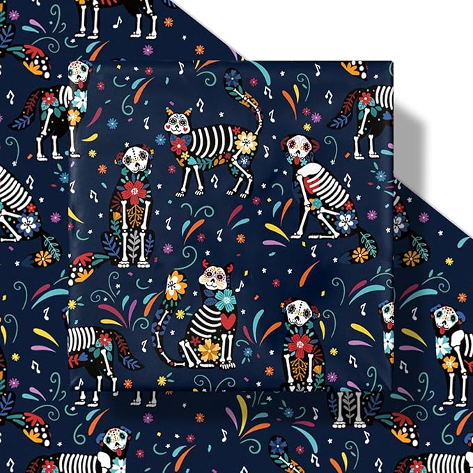LeZakaa Day of the Dead Wrapping Paper Roll, Colorful Skeleton Dogs Cats with Flowers Music Notes Design in Navy Blue, Día de Muertos Gift Wrap for Friends, Family, Kids, Mini Roll 17 in x 16.4 Ft