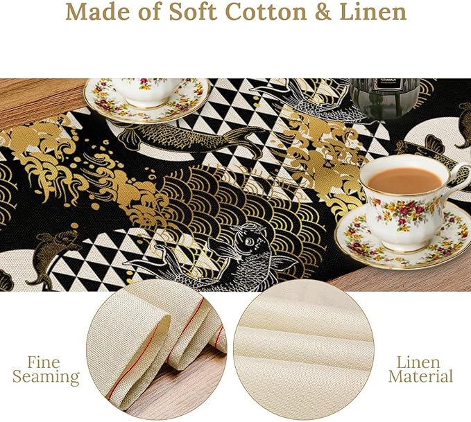 Japanese Table Runner Oriental Tradition Kio Fish Gold Art Printed Burlap Runner Home Kitchen Dining Table Living Room Decor Fabric 1 Panel W13xL120in